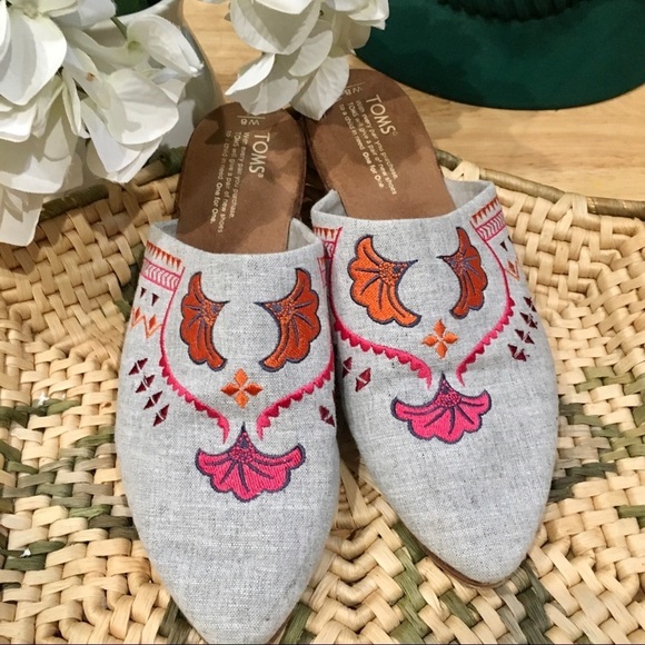 Toms Shoes - Toms Gray Mules with Pink and Orange Embroidery